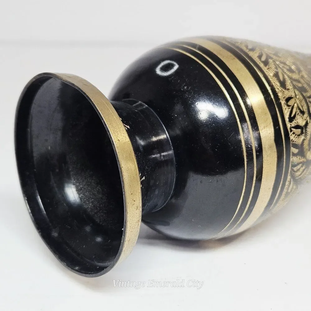 Vtg Black Gold Etched Brass Vase Peacock Floral Metalwork 9.5